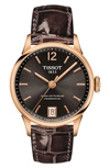 Tissot Chemin Des Tourelles Powermatic 80 Lady Leather Strap Watch, 32mm In Brown/ Gunmetal/ Rose Gold