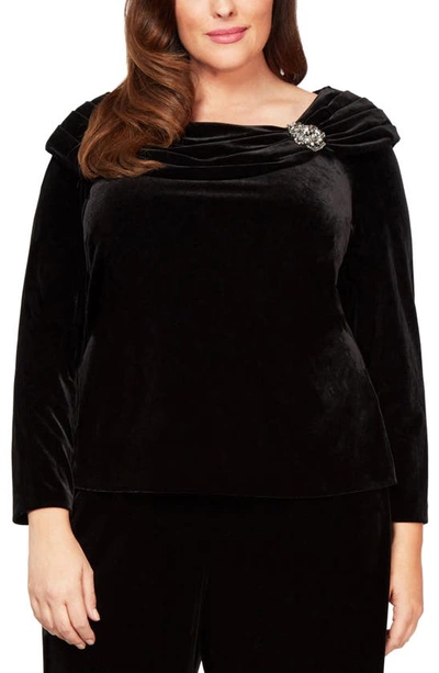 Alex Evenings Plus Size Velvet Ruched Embellished Blouse In Black