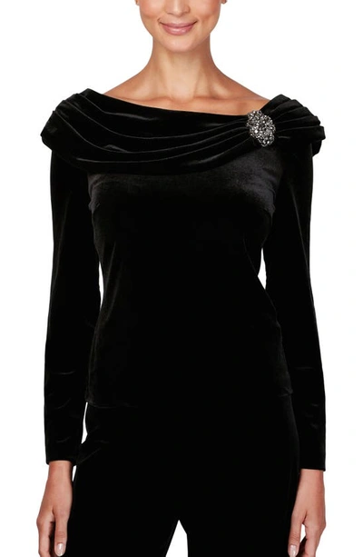 Alex Evenings Women's Velvet Embellished Ruched-collar Top In Black