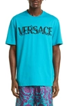 Versace Fleur Embroidered Logo Graphic Tee In Iv830 Turquoise