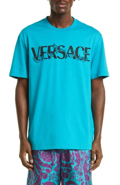 Versace Fleur Embroidered Logo Graphic Tee In Iv830 Turquoise