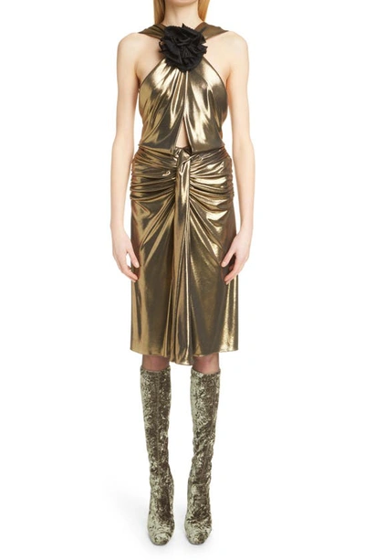 Saint Laurent Flower-applique Cutout Ruched Metallic Dress In Oro / Nero