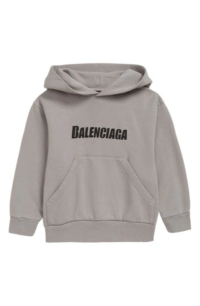 Balenciaga Kid's Logo-print Pullover Hoodie In Grey/black