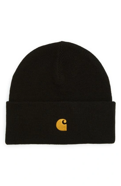 Carhartt Chase Logo-embroidered Knitted Beanie Hat In Black,gold Tone