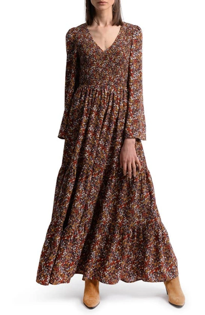 Molly Bracken Hillary Print Smocked Long Sleeve Maxi Dress In Dark Red |  ModeSens