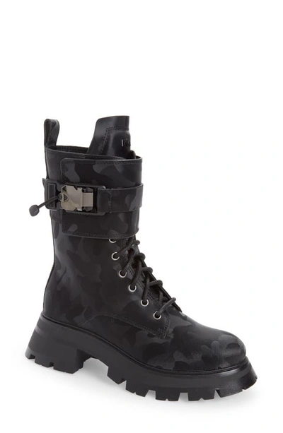 Dkny Women's Sava Lace-up Buckled Combat Boots In Black Shiny Camo
