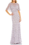 Mac Duggal Embellished Illusion Cape Sleeve Trumpet Gown In Vintage Lilac