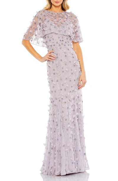 Mac Duggal Embellished Illusion Cape Sleeve Trumpet Gown In Vintage Lilac