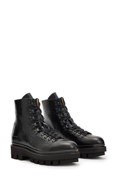 Allsaints Wanda Croc-embossed Leather Lace-up Boots In Black