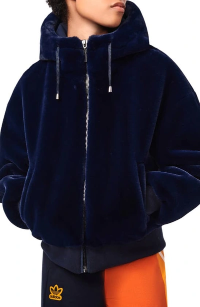 Bernie Hooded Faux Fur Jacket In Mystic Blue