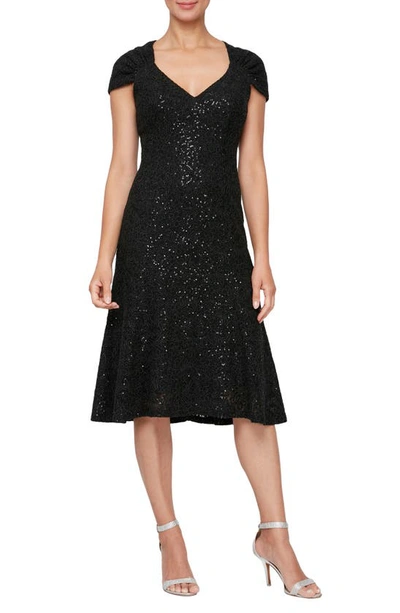 Alex Evenings Sequin Corded Floral Midi Dress In Black