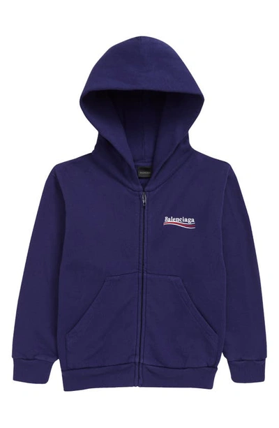 Balenciaga Kids' Logo-print Zip-up Hoodie In Blue