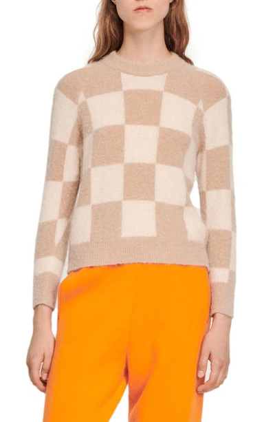 Sandro Damier Checkerboard Mohair Blend Sweater In Beige