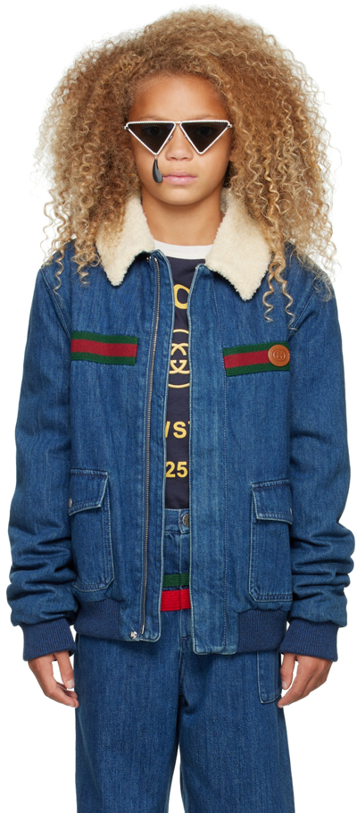 Gucci Kids' Faux Fur-trimmed Denim Bomber Jacket In Blue