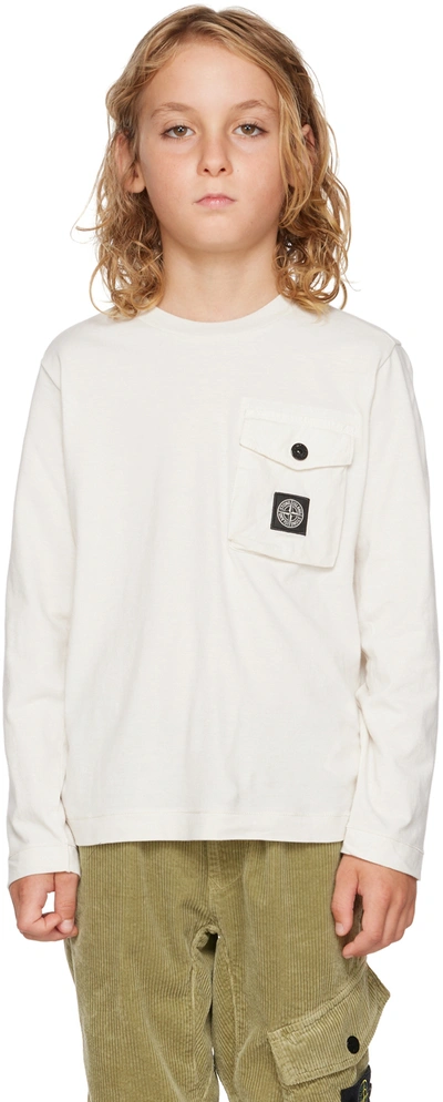 Stone Island Junior Kids Off-white Cotton Long Sleeve T-shirt In 白色