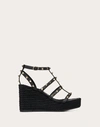 Valentino Rockstud Ankle Strap Wedge Sandal In Calfskin Leather 95 Mm In Black