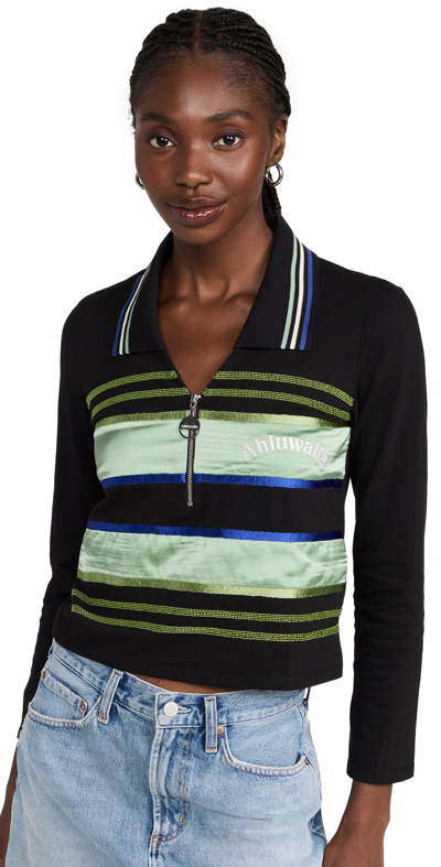 Ahluwalia Buke Long Sleeve Polo In Black/pistachio