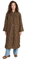 Ganni Diamond-quilted Ripstop Long Coat In Teak