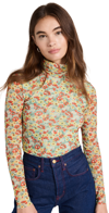 Ganni Printed Mesh Long Sleeve Fitted Rollneck Top In Green,yellow,red