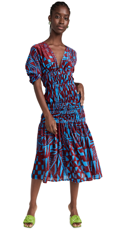 Stella Jean Smocked Velvet Midi-dress In Blue Multi