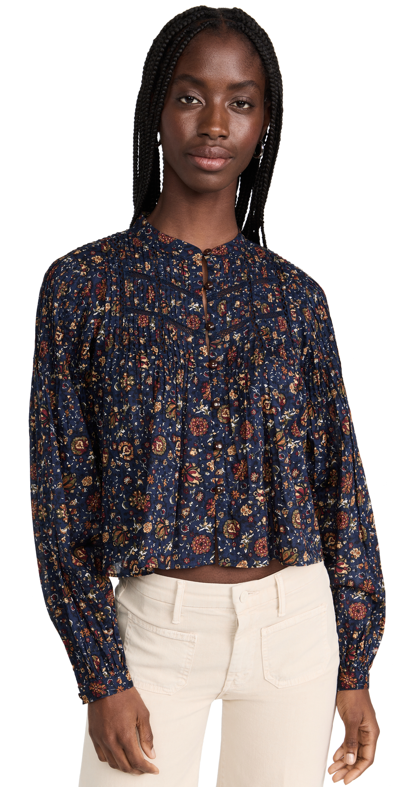 Veronica Beard Sherwood Floral Pleated Button-front Blouse In Ink Multi