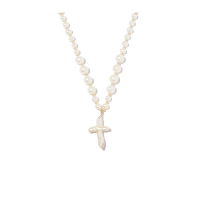 A Sinner In Pearls 18k Yellow Gold Pearl Cross Pendant Necklace