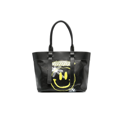 Ganni Smiley Face-print Canvas Tote Bag In Schwarz
