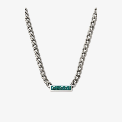 Gucci Logo-plaque Gourmette-chain Necklace In Silver