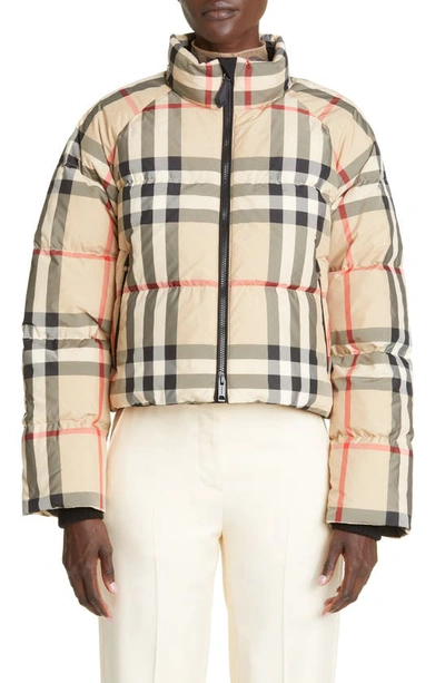 Burberry Check Cropped Puffer Jacket In Beige