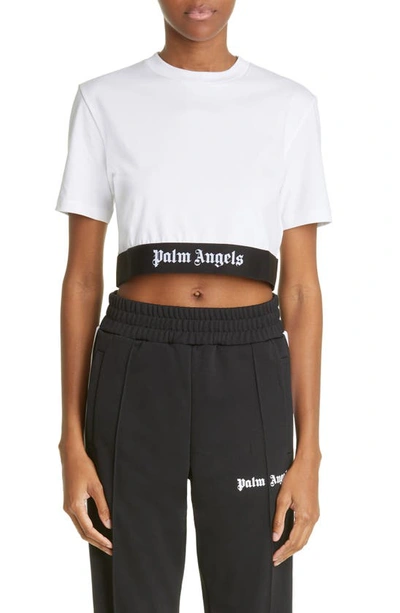 Palm Angels Logo-woven Cropped Stretch-cotton T-shirt In White