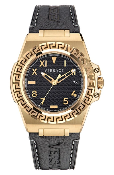 Versace Men's Greca Reaction Ip Yellow Gold Leather Watch, 44mm
