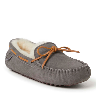 Dearfoams Fireside By  Men's Victor Moccasin Lace Tie Genuine Shearling Slippers In Grey