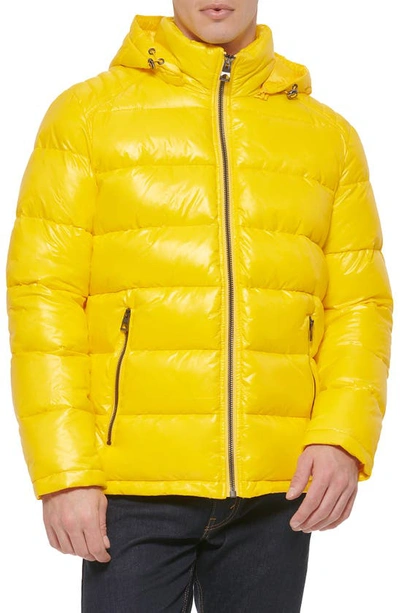 Guess Hooded Solid Puffer Jacket In Sun