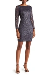 Marina Sequin Lace Long Sleeve Sheath Dress In Gun