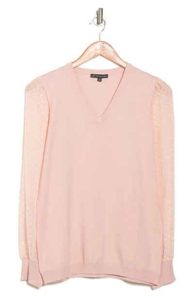 Adrianna Papell V-neck Clip Dot Sleeve Sweater In Pearl Blush