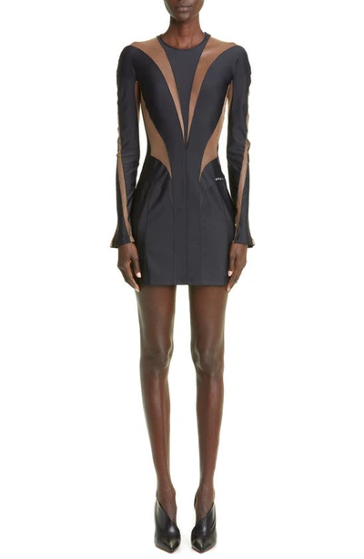 Mugler Cutout Illusion Panel Long Sleeve Body-con Minidress In 19991 Black Nude 01