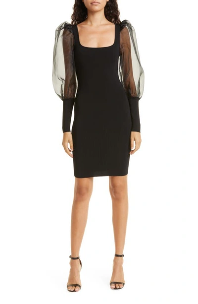 Alice And Olivia Abella Puff-sleeve Square-neck Mini Dress In Black