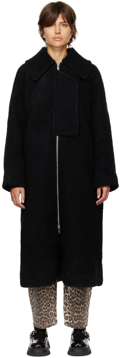 Ganni Recycled Wool-blend Bouclé Coat In Black