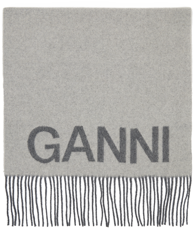 Ganni Gray Fringe Logo Scarf In Grey