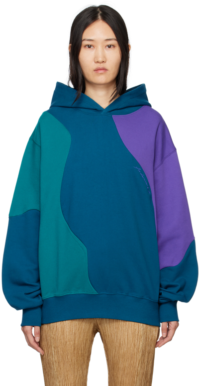 Andersson Bell Blue Contrast Curved Hoodie In Deep Green Deepgr