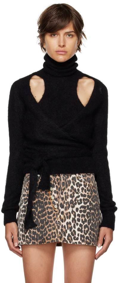 Ganni Cropped Cutout Tie-detailed Brushed Alpaca-blend Turtleneck Wrap Sweater In Black