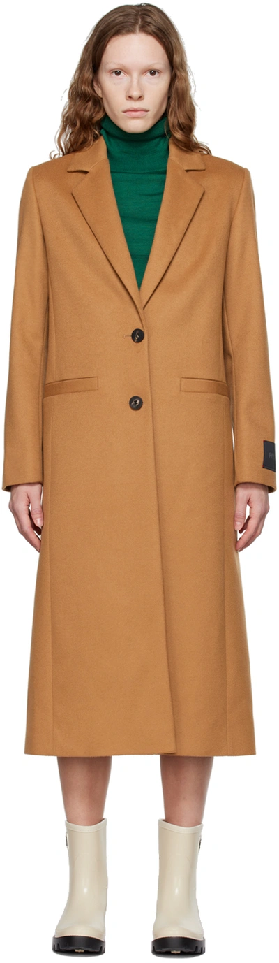 Hugo Longline Relaxed-fit Coat In A Wool Blend In Light Brown