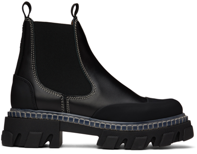 Ganni Black Cleated Low Chelsea Boots In 099 Black