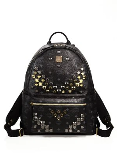 Mcm Medium Stark - Visetos Studded Logo Backpack - Black In Black/gold/gunmetal