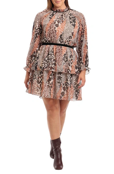 Donna Morgan Animal Print Tiered Long Sleeve Dress In Ivory Mocha