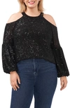 Cece Cold Shoulder Sequin Blouse In Rich Black