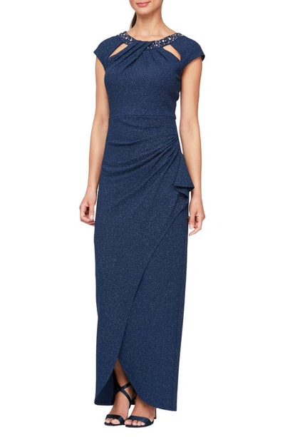 Sl Fashions Sparkle Knit Sheath Gown In Navy