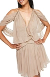 Asos Design Blouson Mini Dress With Chain Strapping Detail In Stone-brown In Brown