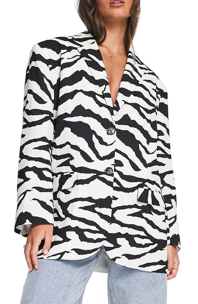 Asos Design Oversized Grandad Blazer In Zebra Print-multi