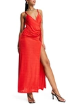 Asos Design Satin Cami Maxi Dress With Drape Detail In Red In Red